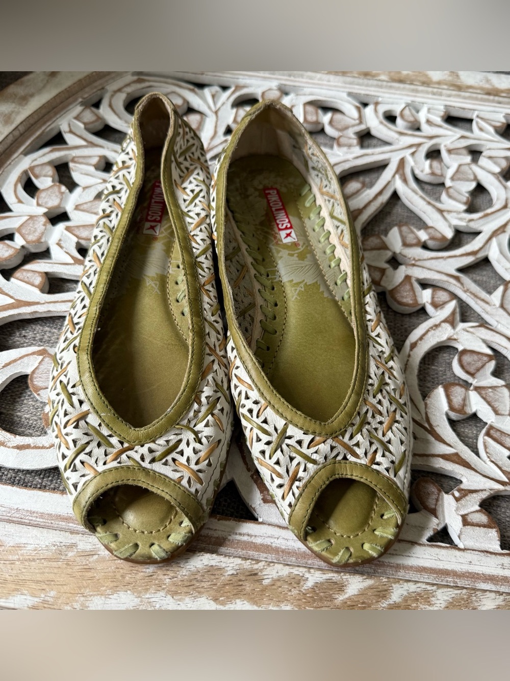 PIKOLINOS Olive Green & White Woven Peep-Toe Flats Shoes 37 7